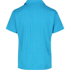 A blue polo shirt featuring a textured pattern and a collar, with a logo on the side.