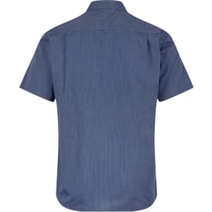 A short sleeve, button-up shirt in a blue, textured fabric, featuring a classic collar and a branded logo.