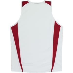 A sleeveless shirt in white with red accents, featuring a logo on the back.