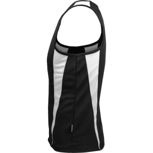 A black and white men's singlet featuring a sporty design and a logo on the side.