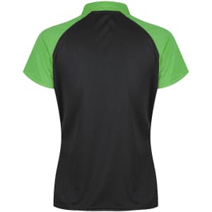 A polo shirt featuring a black body and green sleeves, with a collar and a subtle logo on the shirt.