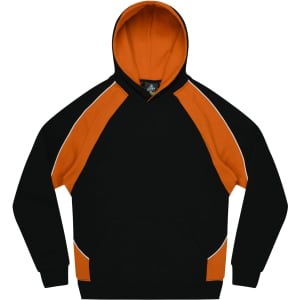 A black and orange kids' hoodie featuring a kangaroo pocket and a hood, with a logo on the front.
