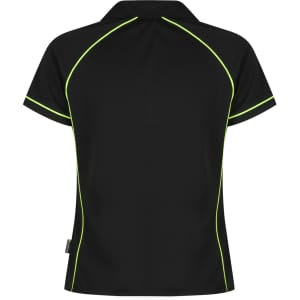 A black polo shirt with lime green piping, featuring a collar and short sleeves. It includes a logo.