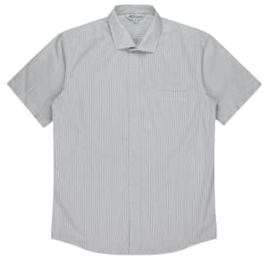 A short-sleeve button-up shirt in light green and white stripes, featuring a chest pocket and a logo.