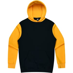 A black and yellow hoodie featuring a front pocket and a hood, with a logo on the inside label.