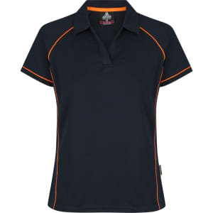 A navy polo shirt with contrasting orange piping and a collar. It features a logo on the chest area.