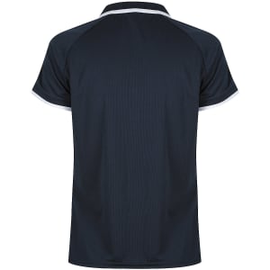 A dark navy polo shirt with a contrasting trim, featuring a simple collar and short sleeves. It has a logo.