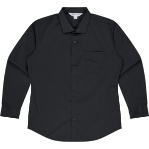 A long-sleeve button-up shirt in black, featuring a single chest pocket and a branded label.