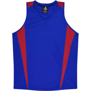 A blue singlet with red accents and a logo on the chest, featuring a v-neck design.