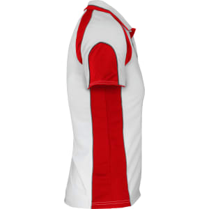 A white polo shirt with red sleeves and side panel, featuring a logo on the chest.