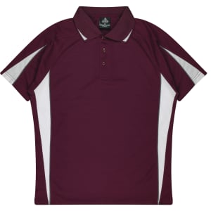A maroon polo shirt with white accents and a logo. Short sleeves and a classic collar design.
