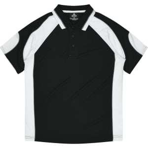 A black and white polo shirt featuring raglan sleeves and a collar. It includes a branding logo on the tag.