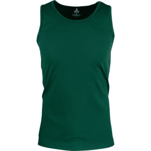 A green men's singlet with a classic fit, made from a soft, ribbed material. It features a logo on the inside label.