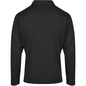 A black polo shirt with long sleeves, featuring a collar and a logo. The back view is displayed.