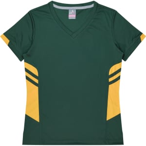 A green and yellow women's t-shirt featuring a V-neck and sporty design, with branding on the upper part.