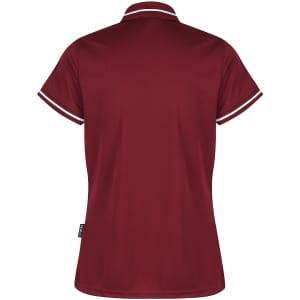 A maroon polo shirt with contrasting stripes on the collar and sleeves, featuring a logo.