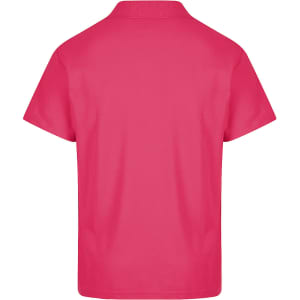 A pink polo shirt with a collar and a back view, featuring a logo.