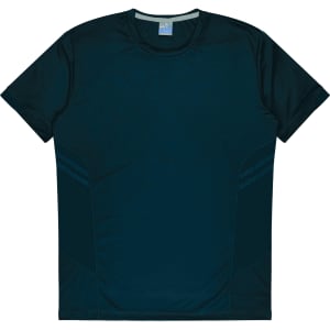 A dark green T-shirt featuring a logo, with contrasting side panel details. Suitable for kids.