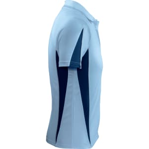 A light blue polo shirt with navy side panels and a logo on the chest. It features a classic collar and short sleeves.