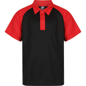 A black polo shirt with red shoulders and a collar, featuring buttons and a logo on the label.