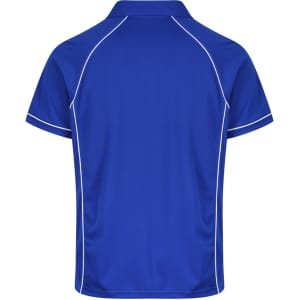 A blue polo shirt featuring contrasting white stitching and a logo on the chest. Back view displayed.