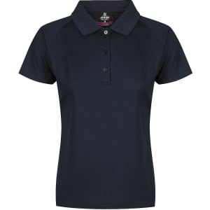 A navy polo shirt with a classic collar and three buttons, featuring a logo on the upper section.