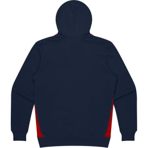 A navy hoodie featuring red side panels and a hood, with a logo on the back.