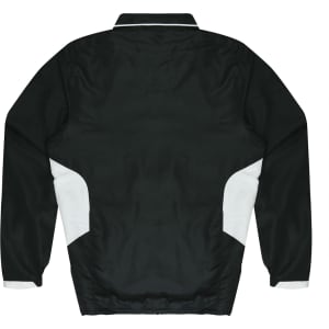 A dark green jumper with white accents, featuring a collar and elastic cuffs, displayed from the back.