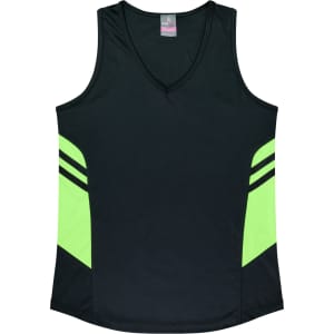 A black singlet with neon green accents on the sides and a logo on the front.
