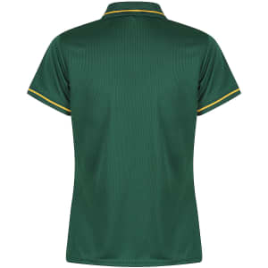 A back view of a green polo shirt with yellow accents and a logo on the upper side.