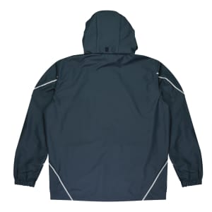 A dark navy men's jacket with a hood and elastic cuffs, featuring reflective trim along the seams.