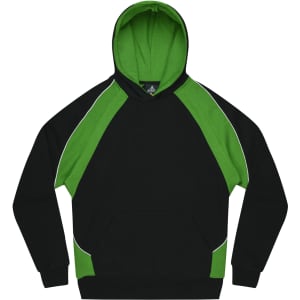 A black and green hoodie with a hood, featuring a kangaroo pocket and contrasting sleeve design.
