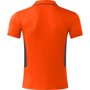 A bright orange men's polo shirt featuring grey accents and a logo on the back.