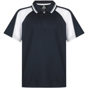 A navy polo shirt with white accents and a collar, featuring a three-button placket and a logo.