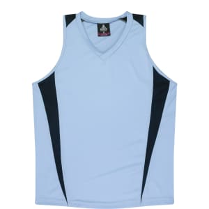 Light blue singlet with black side accents and a v-neck design, featuring a logo on the label.