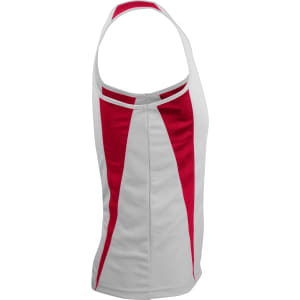 A men's singlet in white with red stripes, featuring a logo on the back.