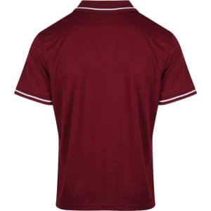 A maroon polo shirt with contrasting white stripes on the collar and sleeves, featuring a logo.
