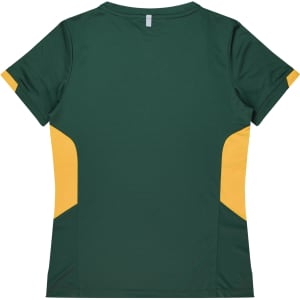 A women's T-shirt in dark green with yellow side panels and a logo on the back.