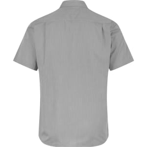A short sleeve button-up shirt in light grey with a plain design and a subtle texture. Features a logo.