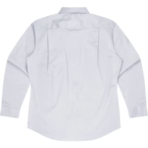 A light blue long sleeve button-up shirt with a plain back and a collar, featuring a logo.