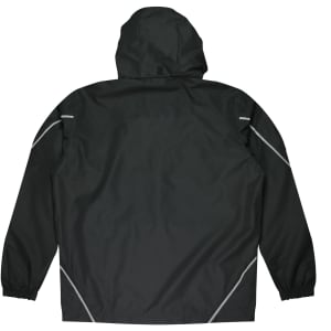 A black jacket with a hood and elastic cuffs, featuring reflective details on the sides.
