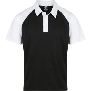 A black polo shirt featuring white raglan sleeves and a collar with buttons. It has a logo on the chest.