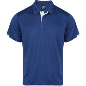 A blue polo shirt with contrasting white details on the sleeves and a logo on the collar.
