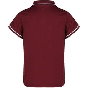 A maroon polo shirt featuring short sleeves and contrasting trims. It has a logo on the chest area.