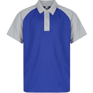 A blue polo shirt with grey sleeves and a collar. Features buttons and has a logo.