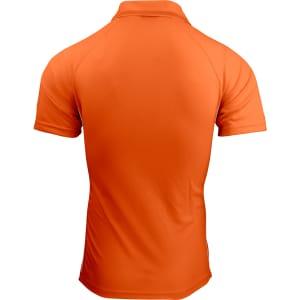 An orange polo shirt with a fitted design, featuring a collar and a logo on the side.