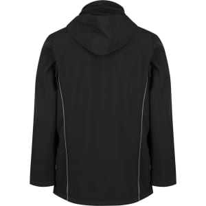 A black soft shell jacket featuring a hood and reflective detailing. The view shows the back of the jacket.
