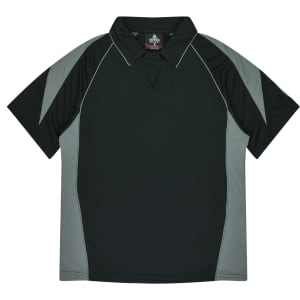 A dark green polo shirt with grey accents and a collar. It features a logo on the neckline.