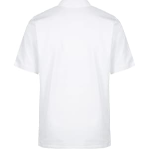 A white polo shirt featuring a collar and short sleeves, with a logo on the chest.