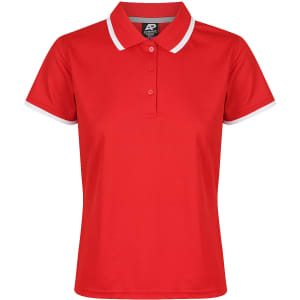 A red polo shirt featuring a classic collar and white accents, with a logo on the left side.